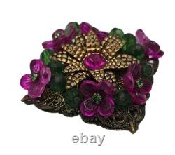 Vintage Germany Flower Brooch Gold Tone Fuschia Pink Molded Flowers Rhinestones