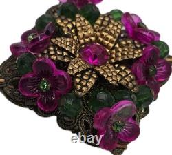 Vintage Germany Flower Brooch Gold Tone Fuschia Pink Molded Flowers Rhinestones