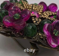 Vintage Germany Flower Brooch Gold Tone Fuschia Pink Molded Flowers Rhinestones