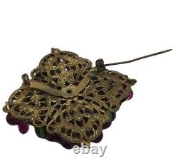 Vintage Germany Flower Brooch Gold Tone Fuschia Pink Molded Flowers Rhinestones