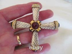 Vintage Givenchy Cross Brooch Signed 2 Tone Glass Cabs Rhinestone 2.75