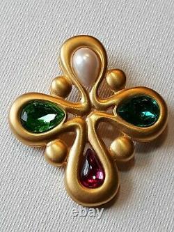Vintage Givenchy Signed Gold Plate Gripoix Rhinestone Maltese Cross Brooch Pin