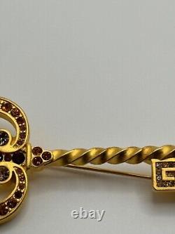 Vintage Givenchy Signed Gold Tone Rhinestone Key Shaped Brooch Pin