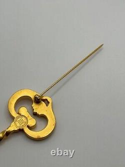 Vintage Givenchy Signed Gold Tone Rhinestone Key Shaped Brooch Pin