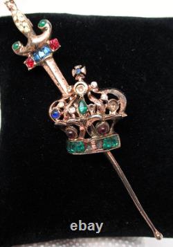 Vintage Gold Plated Coro Craft Crown Rhinestone Brooch with Sword missing stone