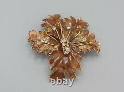 Vintage Gold Signed Hobe Brown Enamel Rhinestone Flower Brooch Pin
