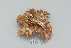 Vintage Gold Signed Hobe Brown Enamel Rhinestone Flower Brooch Pin
