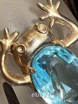 Vintage Gold Tone Blue Rhinestone Frog Brooch Unsigned Reja