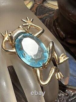 Vintage Gold Tone Blue Rhinestone Frog Brooch Unsigned Reja