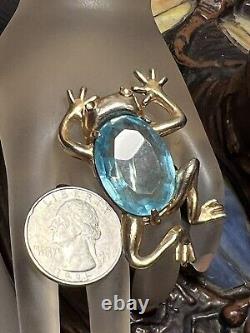 Vintage Gold Tone Blue Rhinestone Frog Brooch Unsigned Reja