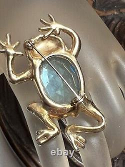 Vintage Gold Tone Blue Rhinestone Frog Brooch Unsigned Reja