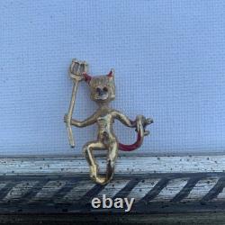 Vintage Gold Tone Devil Brooch Pin, Rhinestone Red Eyes