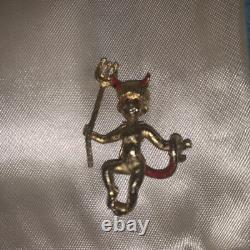 Vintage Gold Tone Devil Brooch Pin, Rhinestone Red Eyes