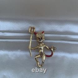 Vintage Gold Tone Devil Brooch Pin, Rhinestone Red Eyes