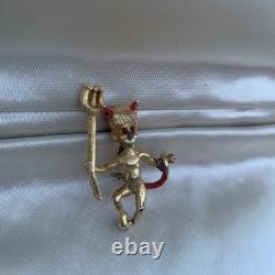 Vintage Gold Tone Devil Brooch Pin, Rhinestone Red Eyes