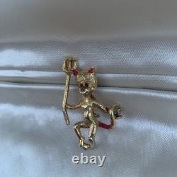 Vintage Gold Tone Devil Brooch Pin, Rhinestone Red Eyes