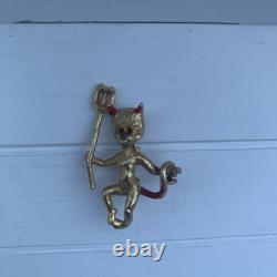 Vintage Gold Tone Devil Brooch Pin, Rhinestone Red Eyes