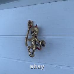 Vintage Gold Tone Devil Brooch Pin, Rhinestone Red Eyes