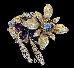 Vintage Gold Tone Filigree Amethyst & Alexandrite Rhinestones Brooch Pendant