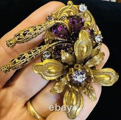 Vintage Gold Tone Filigree Amethyst & Alexandrite Rhinestones Brooch Pendant