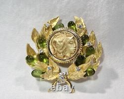 Vintage Gold Tone Green Glass Rhinestone Signed JBK Brooch Pin K1860