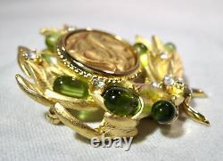 Vintage Gold Tone Green Glass Rhinestone Signed JBK Brooch Pin K1860