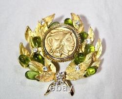 Vintage Gold Tone Green Glass Rhinestone Signed JBK Brooch Pin K1860