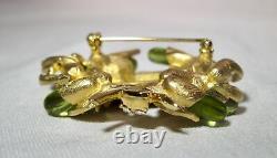 Vintage Gold Tone Green Glass Rhinestone Signed JBK Brooch Pin K1860