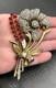 Vintage Gold Tone Pot Metal Rhinestone Red Flower Bouquet Brooch Pin READ