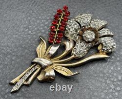 Vintage Gold Tone Pot Metal Rhinestone Red Flower Bouquet Brooch Pin READ