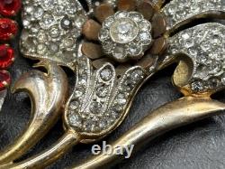 Vintage Gold Tone Pot Metal Rhinestone Red Flower Bouquet Brooch Pin READ