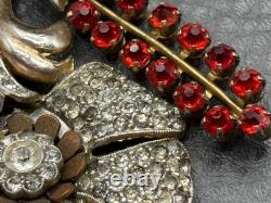 Vintage Gold Tone Pot Metal Rhinestone Red Flower Bouquet Brooch Pin READ