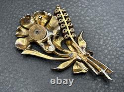 Vintage Gold Tone Pot Metal Rhinestone Red Flower Bouquet Brooch Pin READ