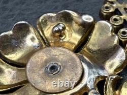 Vintage Gold Tone Pot Metal Rhinestone Red Flower Bouquet Brooch Pin READ