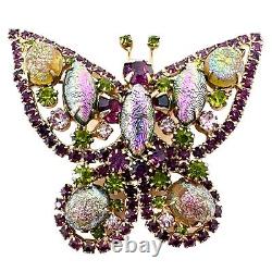 Vintage Gold Tone Purple Green Fancy Rainbow Plated Rhinestone Butterfly Brooch