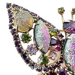 Vintage Gold Tone Purple Green Fancy Rainbow Plated Rhinestone Butterfly Brooch