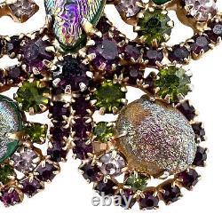 Vintage Gold Tone Purple Green Fancy Rainbow Plated Rhinestone Butterfly Brooch