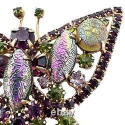 Vintage Gold Tone Purple Green Fancy Rainbow Plated Rhinestone Butterfly Brooch