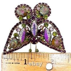 Vintage Gold Tone Purple Green Fancy Rainbow Plated Rhinestone Butterfly Brooch