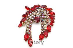 Vintage Gold Tone Red Rhinestone Aurora Borealis Dangle Brooch Pin