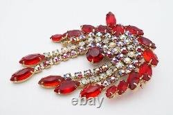 Vintage Gold Tone Red Rhinestone Aurora Borealis Dangle Brooch Pin