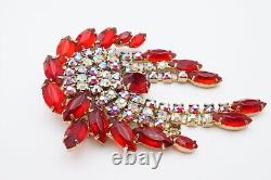 Vintage Gold Tone Red Rhinestone Aurora Borealis Dangle Brooch Pin