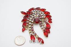 Vintage Gold Tone Red Rhinestone Aurora Borealis Dangle Brooch Pin