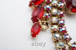 Vintage Gold Tone Red Rhinestone Aurora Borealis Dangle Brooch Pin