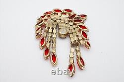 Vintage Gold Tone Red Rhinestone Aurora Borealis Dangle Brooch Pin