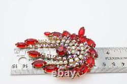 Vintage Gold Tone Red Rhinestone Aurora Borealis Dangle Brooch Pin