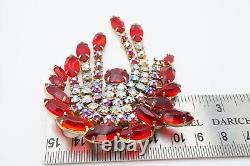 Vintage Gold Tone Red Rhinestone Aurora Borealis Dangle Brooch Pin