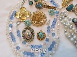 Vintage Gold Turquoise Blue Tone Brooch Earrring Bracelet Mixed Lot Trifari #18