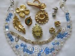 Vintage Gold Turquoise Blue Tone Brooch Earrring Bracelet Mixed Lot Trifari #18