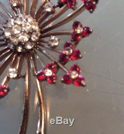 Vintage Gorgeous Pennino Sterling Gold Red Flower Rhinestone Pendant Pin Brooch